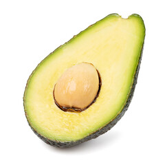 Healthy food and ingredients - Half of ripe organic green avocado fruit with pit isolated on white background with built-in clipping path