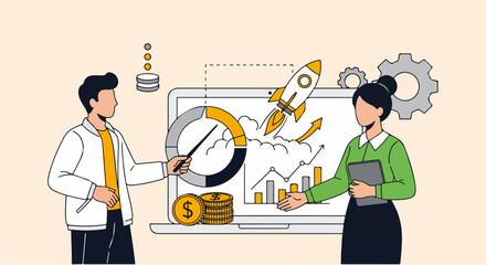 Business Partnership and Startup Launch with Data and Rocket Graphic – Vector Illustration