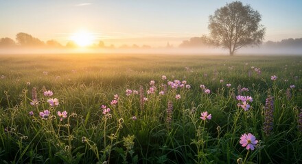 Obraz premium Misty meadow sunrise blooms bathe in light