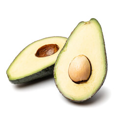 Healthy food and ingredients - Half of ripe organic green avocado fruit with pit isolated on white background with built-in clipping path