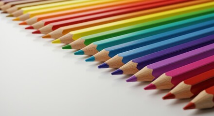 A vibrant arrangement of colored pencils in a rainbow spectrum on a clean white surface, perfect for creative projects