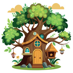 Whimsical Treehouse Illustration Cozy Home Amidst Greenery, Yellow Clouds, and Rustic Charm