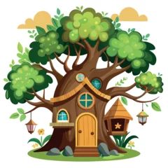 Glasschilderij Kinderkamer Whimsical Treehouse Illustration Cozy Home Amidst Greenery, Yellow Clouds, and Rustic Charm  © Dream Hub