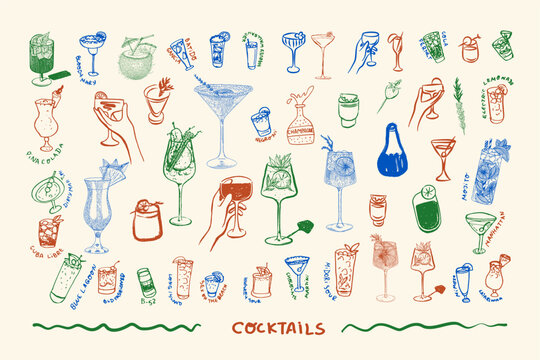 Hand-drawn ink illustrations of cocktails, ideal for bar menus, party invitations, mixology guides, and decor. Perfect for modern bartenders, events, and beverage branding.