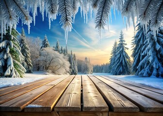 Winter Wonderland Wooden Tabletop in Snowy Forest at Sunrise