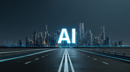 Futuristic city skyline illuminated at night with prominent text AI in bright blue, symbolizing technology and innovation