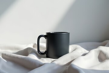 Simple Black Coffee Mug on Light Beige Linen Fabric