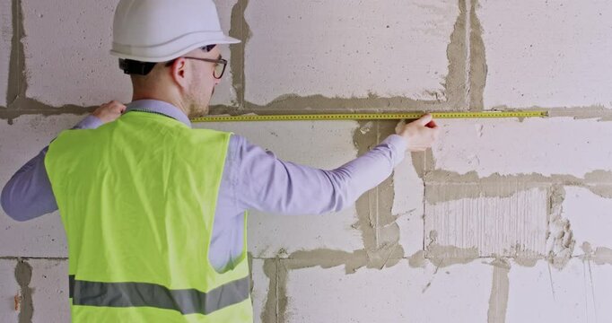 Builder measures slag block wall width with special tool before renovating. Specialist in helmet holds tape measure in hands observing values performing work calculations