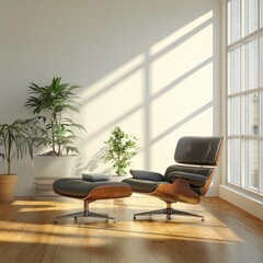 Sunlit room with leather armchair, ottoman, and plants