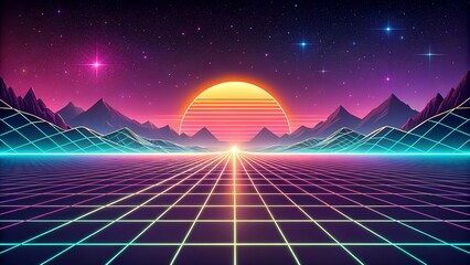 Futuristic 1980s Landscape Perspective Grid, Sci Fi Game Style, Neon Background