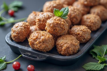 Delicious Baked Small Balls on Dark Tray with Mint and Berries