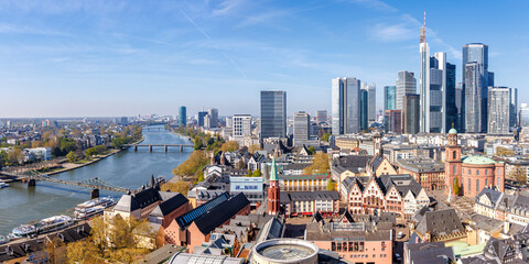 Frankfurt skyline skyscrapers in city center with the Römer and Main river panorama from above in Frankfurt, Germany