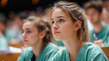 Fototapeta premium Medical students in teal scrubs attentively listening during healthcare conference, highlighting professional learning and collaborative medical education environment,Medical students