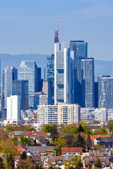 Frankfurt skyline skyscrapers with banks from above portrait format in Frankfurt, Germany
