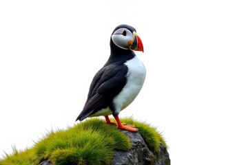 Puffin perched on a rock with moss, detailed close-up shot