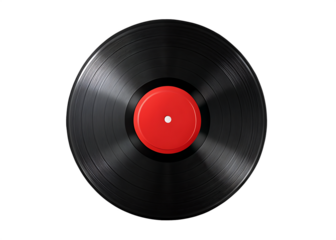 a red sticker on a vinyl record in the center isolated on a transparent background