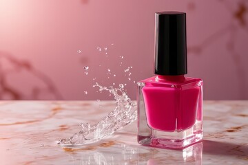 Pink Nail Polish Bottle with Water Splash - Beauty Product Closeup