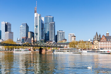 Frankfurt skyline skyscrapers with banks on River Main with excursion boats in Frankfurt, Germany
