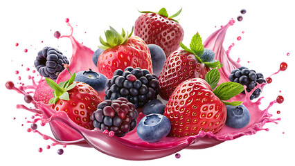 An image showing a vibrant splash of pink liquid with a variety of berries including strawberries, raspberries, blueberries, and blackberries