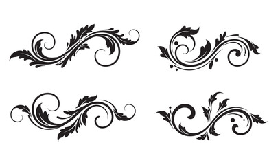 Elegant swirls floral ornament design elements in classic silhouette style for decorative use
