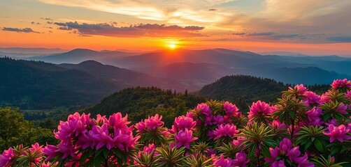 Obraz premium Sunset bathes magical pink rhododendrons in bloom across the Carpathian Mountains, Chornohora, Ukraine, sunset, magenta
