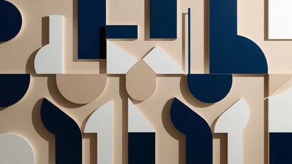 Modern geometric abstract wall art in navy, white, and beige. 3D minimalist design background.