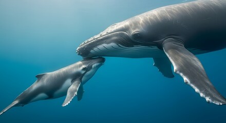Naklejka premium Whale and Calf Swimming Together Underwater