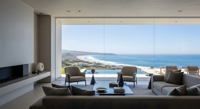Fototapeta Living Room with Ocean View and Minimalist Design