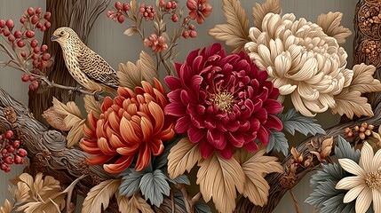 Autumn floral arrangement with layered petals golden leaves and textured background art high resolution image