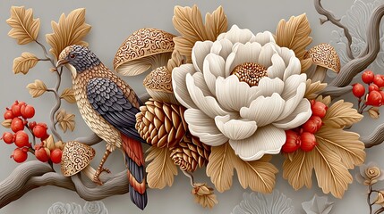 Autumn floral bouquet with pinecones berries leaves and soft petals in vintage artistic style high resolution image