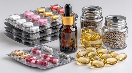 beauty and health supplements with flowers and golden medication high resolution image