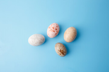 distinct eggs resting on a light blue background. unique color and pattern. fine speckles, pinkish, beige faint markings, step in creative process, top view,