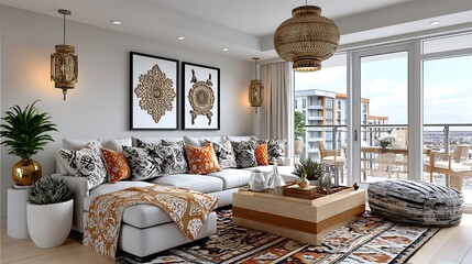 Contemporary apartment living space decorated with global art white couches and vibrant ethnic throw pillows near urban balcony view high resolution image