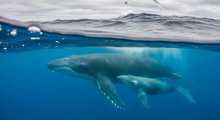Fototapeta premium Whale with Calf Swimming in Ocean
