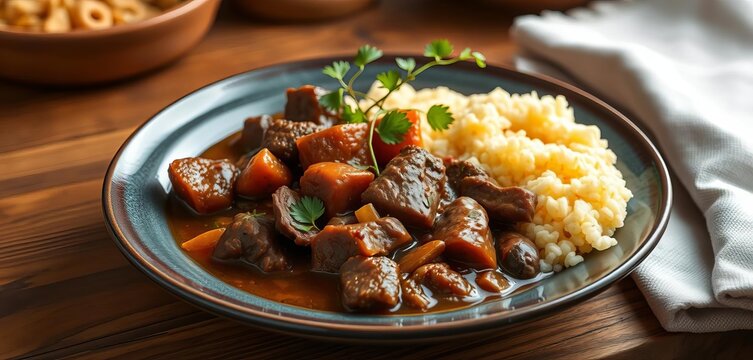 Tender Zimbabwean beef stew, slow-cooked to perfection, served with creamy sadza, delicious,  clay pot