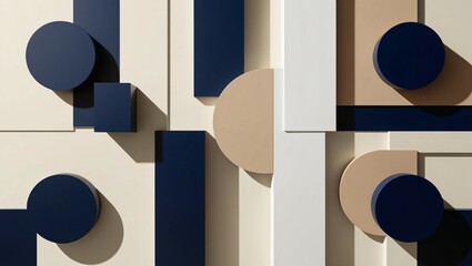 Modern geometric abstract wall art in navy, white, and beige. 3D minimalist design background.