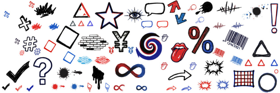 Vector set of expressive street art symbols in grunge punk style. Features hand-sketched hearts, arrows, stars and skulls. Great for tattoo flash, rebellious branding, and edgy visuals.