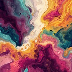 Abstract swirling vibrant colors; teal, purple, orange, yellow hues blend