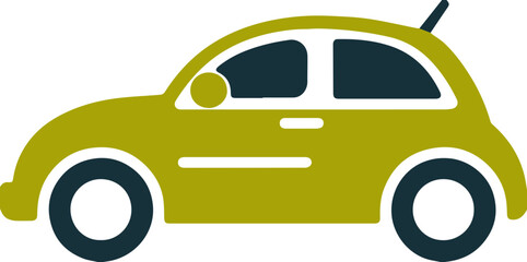 Naklejka premium Green compact car icon in flat style with round wheels