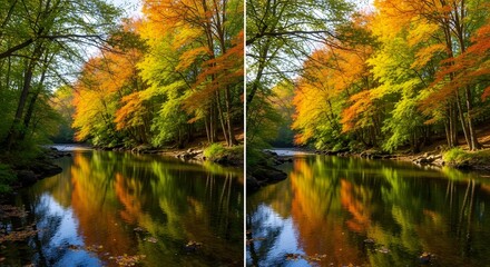 Autumn River Scene with Colorful Foliage Reflections