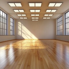 Sunlit empty room with hardwood floor and large windows (10)