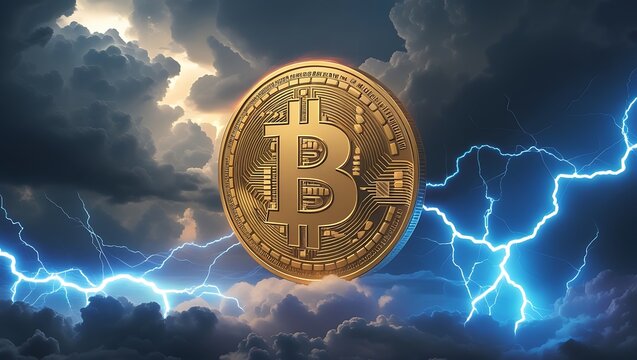 Bitcoin cryptocurrency stormy sky dramatic lightning
