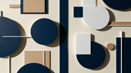 Modern geometric abstract wall art in navy, white, and beige. 3D minimalist design background.