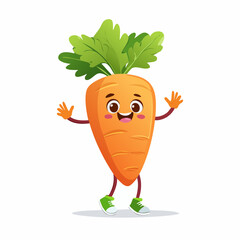An animated carrot with arms, legs, and a smiling face, dancing while wearing little shoes, created in minimalist vector art-generative AI