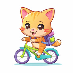 A cute chibi-style kitten with a tiny backpack riding a colorful bicycle, clean vector art, minimal shading, soft outlines-generative AI