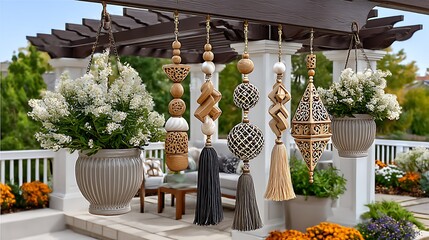 hanging wood and tassel ornaments from rustic pergola in garden courtyard for zen inspired outdoor ambiance high resolution image