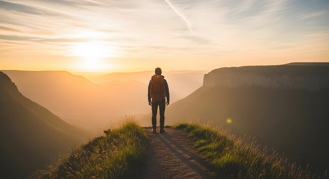 Hiker Backpacker View Mountain Sunset - Powered by Adobe