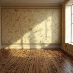 Sunlit empty room with hardwood floors and textured walls