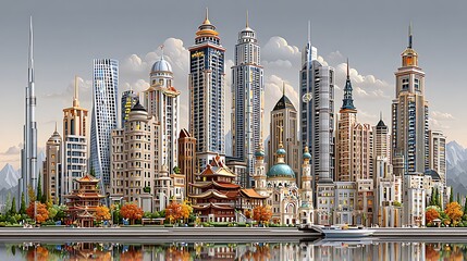 International skyline artwork showing modern high-rises and classical temple architecture high resolution image