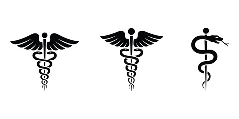 Fototapeta premium medical and pharmaceutical icons set with star of life, bowl of hygieia, caduceus, rod of asclepius, and pharmacy cross for healthcare marketing, digital design, and education